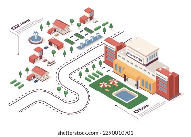 SPA center concept 3d isometric web infographic workflow process. Infrastructure map with buildings for professional massage and skincare treatments. Vector illustration in isometry graphic design