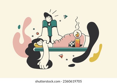 Spa center concept with people scene in flat retro design for web. Woman gets professional massage, body treatment with aromatherapy. Vector illustration for social media banner, marketing material.