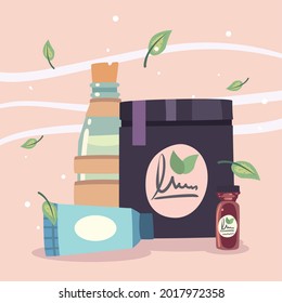Spa center cream bottles set with leaves