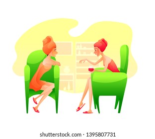Spa center flat vector illustration. Women in towels having conversation cartoon characters. Face and hair mask, club procedure. Herbal tea , aromatherapy. Relaxation, joy, wellness concept