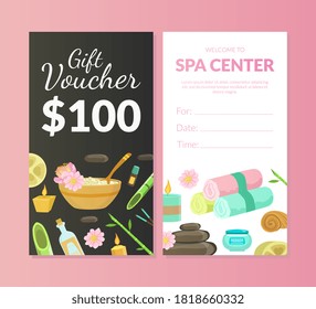 Spa Center Gift Voucher Template, Beauty Salon, Wellness Center, Relaxing Procedures, Skincare Treatment Promotional Leaflet, Flyer, Invitation Card, Advertising Vector Illustration