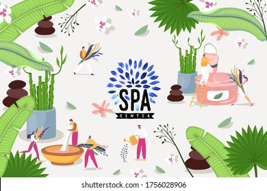 Centro SPA con cosméticos de hierbas, ilustración vectorial. La belleza relajaba el tratamiento de la piel, las hojas verdes y las flores coloridas. El personaje de un hombre mujer hace cosméticos en tazones especiales, piedras calientes y bambú.
