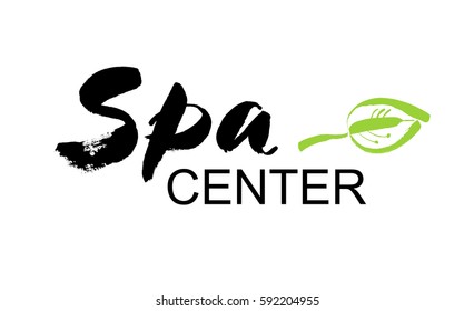 Spa center. Ink hand drawn lettering with a green leaf. Modern brush vector calligraphy. White background. Elegant hand lettering for your design.