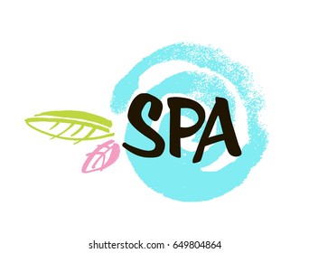 Spa center. Ink hand drawn lettering with a green leaf. Modern brush vector calligraphy. White background. Elegant hand lettering for your design.