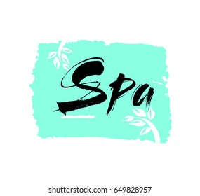 Spa center. Ink hand drawn lettering with a green leaf. Modern brush vector calligraphy. White background. Elegant hand lettering for your design.