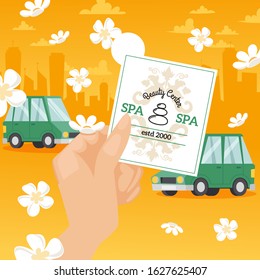 Spa center invitation, vector illustration. Hand holding advertisement flyer, appointment for beauty procedure. Spa salon business card, discount coupon. Cars on city street, spring flowers in the air