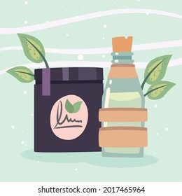 Spa center jar and bottle with leaves
