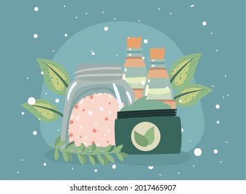 Spa center jars and bottles with leaves