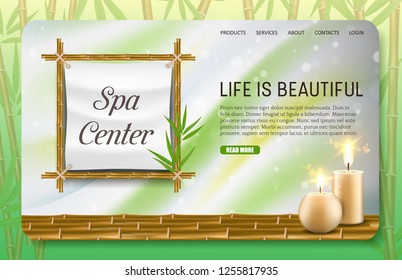 Spa center landing page website template. Vector realistic illustration of bamboo frame, bamboo stalks, leaves and aroma candles. Life is beautiful. Spa salon services concept.