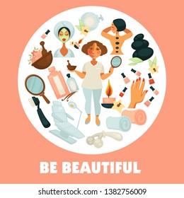 Spa center poster with text and items for relaxation vector. Procedures with hot steam, cosmetic body healthcare, woman with cucumber mask on face, towels oils for skin regeneration and rejuvenation