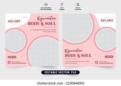 Spa center promotional web banner design with red and baby pink colors. Body treatment and wellness poster vector for marketing. Beauty salon social media post design with photo placeholders.