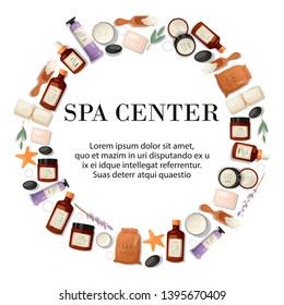 Spa center round pattern vector illustration. Realistic plastic containers bottles, tubes and jars for cream, body lotion, shampoo and soap, milk and gel. Bath accessories and supplies.