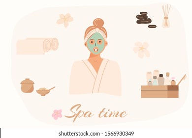 Spa center service. Beauty salon visitor cartoon character. Wellness center procedures and equipment pack. Hot stones for massage,  towels and woman with facial mask. Flat vector illustration set