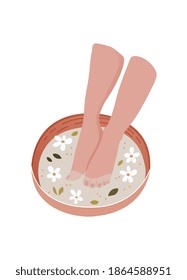 Spa center service. Beauty salon visitor cartoon character. Foot moisturizing in aroma water. Wellness center procedure. Cartoon flat vector illustration isolated on white background