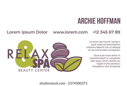 Spa center service and care for beauty and wellness of clients. Paper with phone number and personal details of master. Business or visiting card, advertisement or branding. Vector in flat style