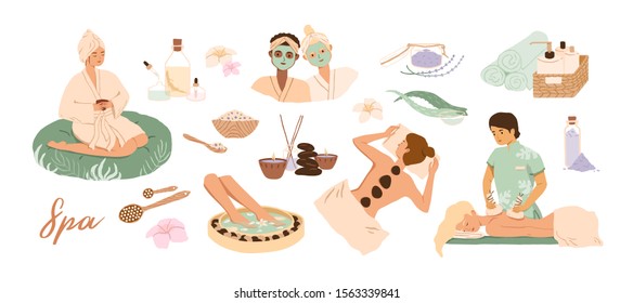Spa center service flat vector illustrations set. Beauty salon visitors and workers cartoon characters. Wellness center procedures and equipment pack. Hot stone massage, foot bath and facial masks. - Shutterstock ID 1563339841