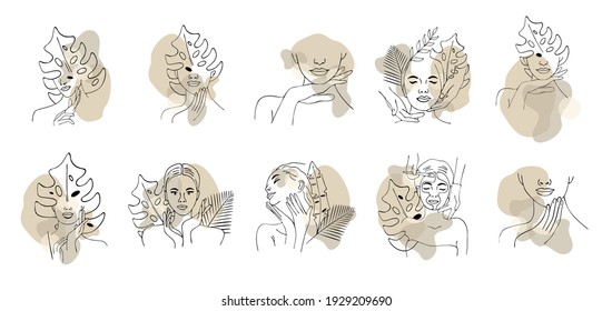 Spa center service flat vector illustrations set. Portraits of visitors of beauty salons with exotic leaves. Icons with shapes.Facial masks.