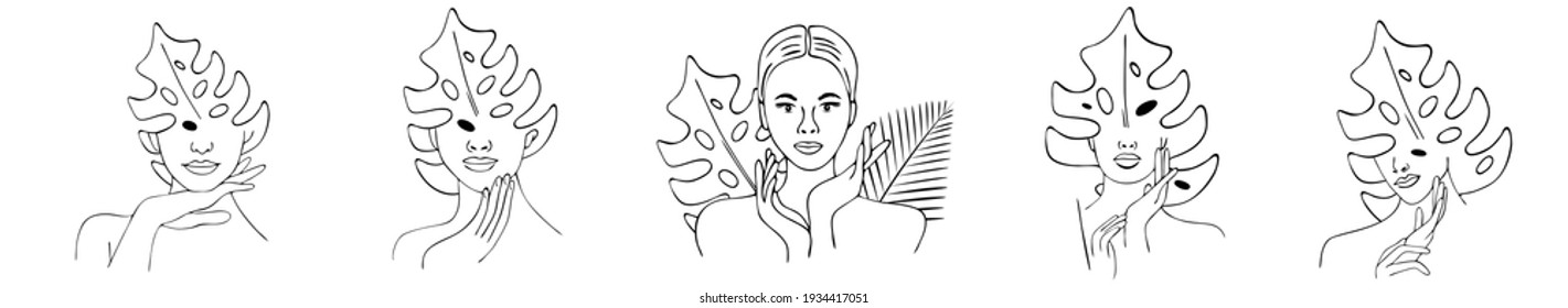 Spa center service flat vector illustrations set. Portraits of visitors of beauty salons with exotic leaves. Outline icons.Facial masks.