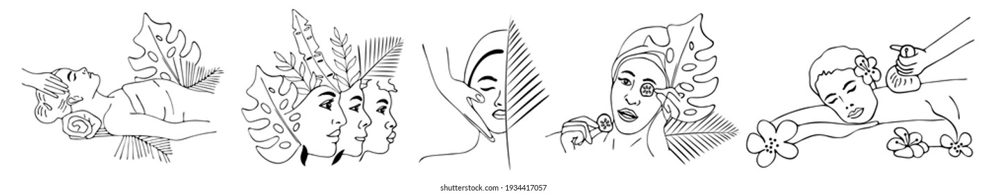 Spa center service flat vector illustrations set. Portraits of visitors of beauty salons with exotic leaves. Outline icons.Facial masks.