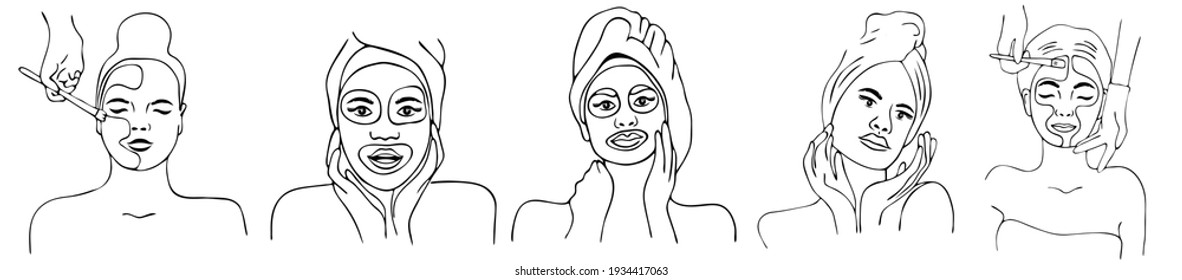 Spa center service flat vector illustrations set. Portraits of visitors of beauty salons. Outline icons.Facial masks.