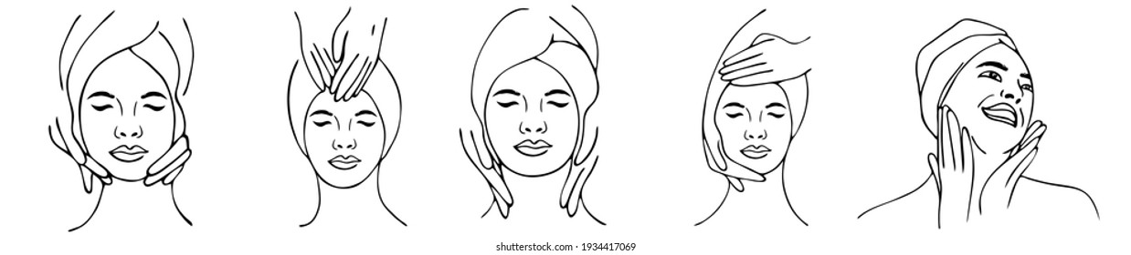 Spa center service flat vector illustrations set. Portraits of visitors of beauty salons. Outline icons.Facial masks.