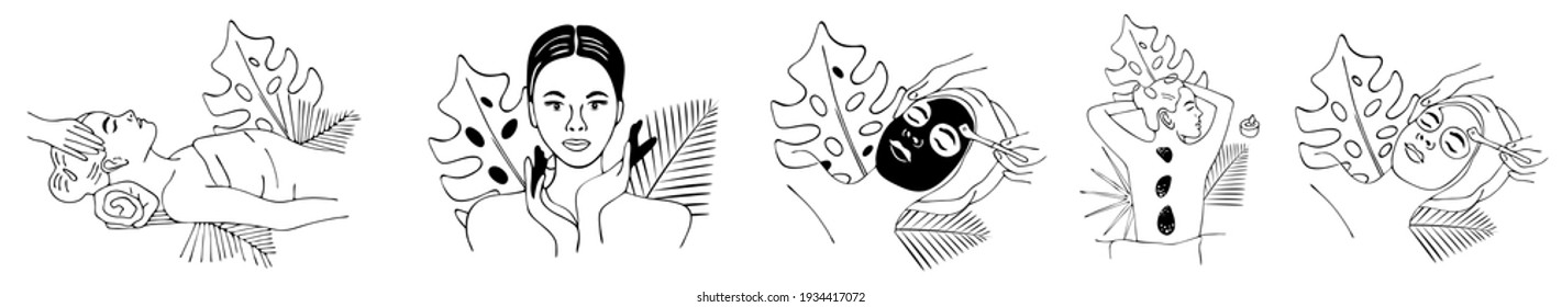 Spa center service flat vector illustrations set. Portraits of visitors of beauty salons with exotic leaves. Outline icons.Facial masks.