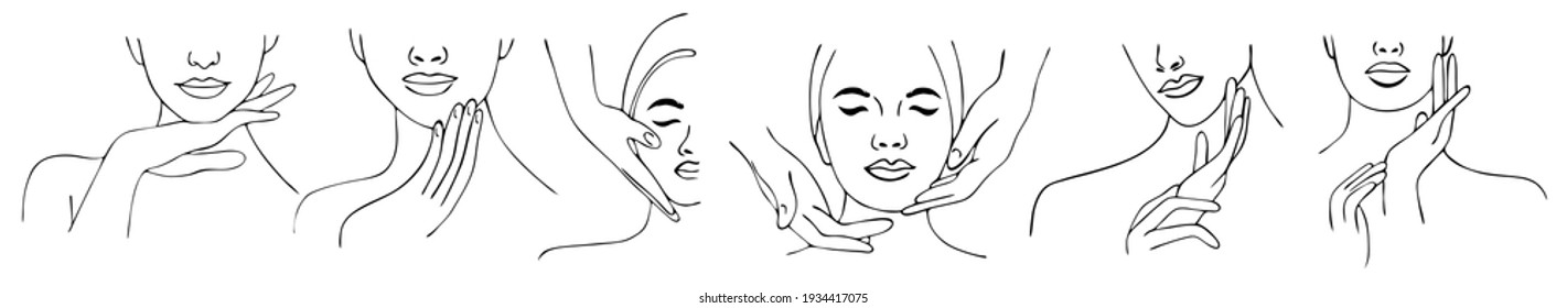 Spa center service flat vector illustrations set. Portraits of visitors of beauty salons. Outline icons.Facial masks.