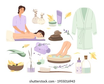 Spa-Center-Service flache Vektorgrafik-Set.Beauty-Salon-Besucher und Arbeiterkartoon-Charaktere.Wellness-Center-Verfahren und Ausstattung Paket.Hot-Stone-Massage, Fußbad, Aromatherapie, Bademantel