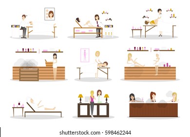 Spa center set. Reception and depilation, wellness room and sauna.