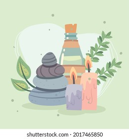 Spa center stones bottle and candles with leaves