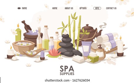 Spa center website design, vector illustration. Landing page template for beauty salon, professional wellness treatment. Spa center accessories for relaxing atmosphere, candles, aroma oils, tea kettle