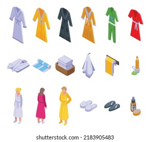 Spa clothing icons set isometric vector. Bath robe. Soft belt