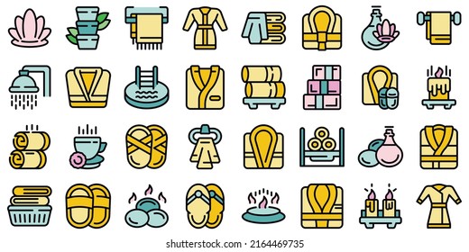 Spa Clothing Icons Set Outline Vector. Rob Bath. Belt Soft Thin Line Color Flat On White