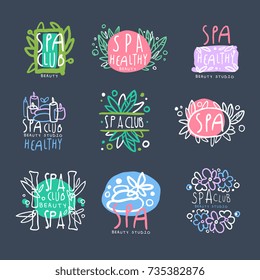 Spa club, beauty studio logo set, badge for wellness, yoga center hand drawn vector Illustrations