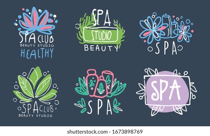 Spa Club Logo Design Collection, Beauty Salon Badges Hand Drawn Vector Illustration