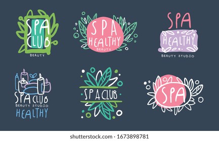 Spa Club Logo Design Collection, Healthy Beauty Studio Badges Hand Drawn Vector Illustration