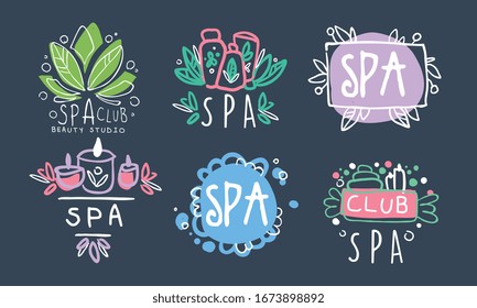 Spa Club Logo Design Collection, Beauty and Healthy Studio Badges Hand Drawn Vector Illustration