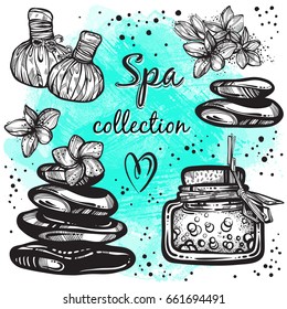 Spa collection. Hand-drawn beautiful elements in linear style. Isolated vector illustration. Natural cosmetics, aroma, oil, massage. Asia, India, Thai.