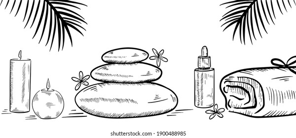 Spa complex components with stones, leaves and flowers. Cosmetic bottle, candles and towel. Vector hand drawn sketched illustration isolated on white background.