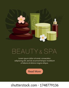 Composición del spa con botellas de cosméticos, aceite corporal, piedras calientes, loción, velas y flores sobre fondo verde. El concepto de balneario tropical. 
