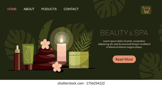 Spa-Komposition. Kosmetikflaschen, Körperöl, heiße Steine, Lotion, Kerze und Blumen auf grünem Hintergrund. Webbanner