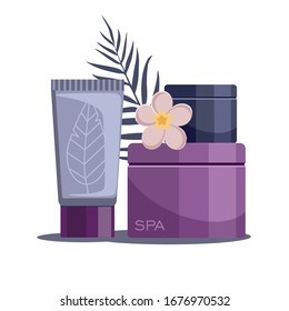 Spa composition with bottles of cosmetics on white background. Tropical spa resort. Vector