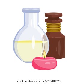 spa composition with candle and bottle with oil. Vector illustration for spa salon. Cartoon style