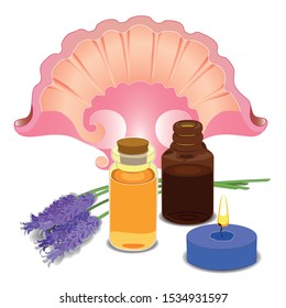 SPA composition. Essential oils. Lavender flowers and sea, pink shell.Lighted candle. Vector