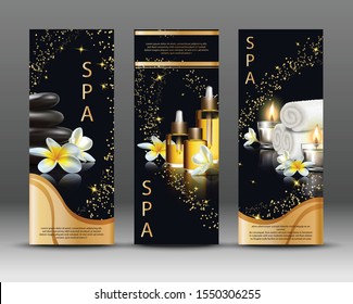 Spa composition with realistic elements spa treatments with white towel, massage and essential oils, candles and exotic flowers on black background. Vertical flyer for your spa salon.