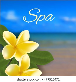 Spa concept with blurred seaside background and realistic vector frangipani