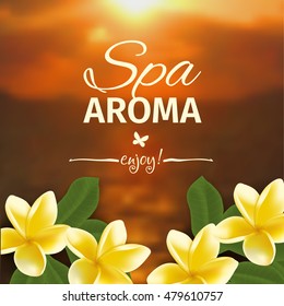 Spa concept with blurred seaside background and realistic vector frangipani