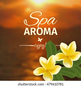 Spa concept with blurred seaside background and realistic vector frangipani