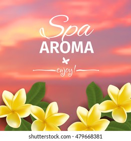 Spa concept with blurred seaside background and realistic vector frangipani