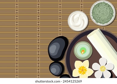 Spa concept with salt, mint, lotion, towel, candle, stone and flower. SPA beauty and health concept. Vector illustration in flat style